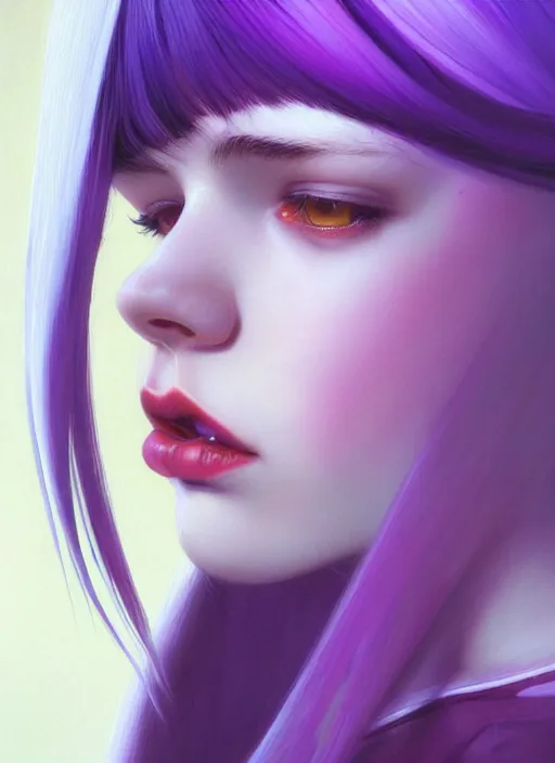 Image similar to hair whitebangs hair, black hair, whitebangs, portrait of teenage girl with white bangs, red irises, purple clothes, white bangs, bangs are different color from hair, intricate, elegant, glowing lights, highly detailed, digital painting, artstation, concept art, smooth, sharp focus, illustration, art by wlop, mars ravelo and greg rutkowski