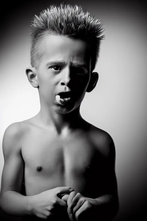 Image similar to studio portrait of boy that looks excactly like bart simpson, lookalike, spitting image, as if bart simpson came to life, soft light, black background, fine details, close - up, award winning photo by morten krogvold