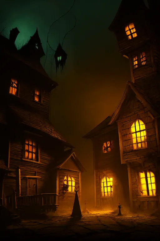 Image similar to a dark haunted village at night with glowing windows, shadows being casted, and silhouettes in the door way, hyper realistic, ambient lighting, concept art, intricate, hyper detailed, smooth, dynamic volumetric lighting, octane, raytrace, cinematic, high quality, high resolution, 4 k, artstation