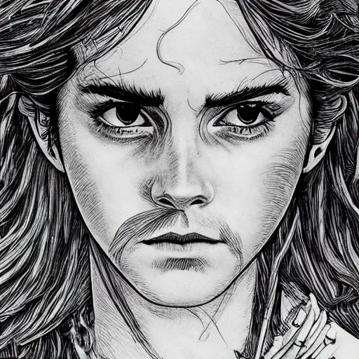 Prompt: emma watson, meets the horse from berserk, highly detailed, black and white, manga, art by Kentaro Miura