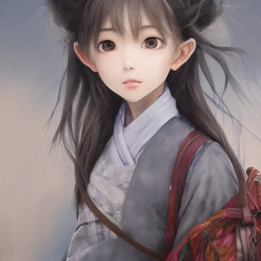 Image similar to dynamic composition, motion, ultra-detailed, incredibly detailed, a lot of details, amazing fine details and brush strokes, colorful and grayish palette, smooth, HD semirealistic anime CG concept art digital painting, watercolor oil painting of a Japanese schoolgirl, by a Chinese artist at ArtStation, by Huang Guangjian, Fenghua Zhong, Ruan Jia, Xin Jin and Wei Chang. Realistic artwork of a Chinese videogame, gradients, gentle an harmonic grayish colors.