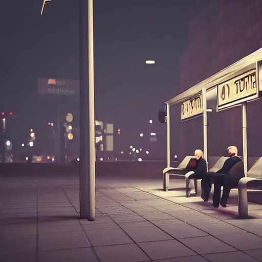 Image similar to a some people waiting in a lone bus stop in quiet dark city night, low poly stylized but with dramatic lighting, low angle camera view, high quality, high resolution,detailed