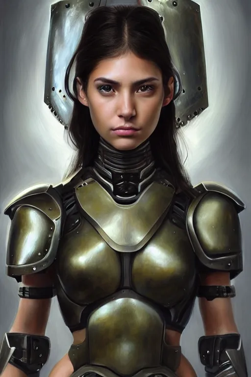 Image similar to a photorealistically painted portrait of an attractive young girl, partially clothed in cybernetic battle armor, with an abstractly painted background, flawless olive skin, fair complexion, long dark hair, beautiful bone structure, perfectly symmetric facial features, perfect photorealistic eyes, natural physique, intricate, elegant, digital painting, concept art, finely detailed, beautifully illustrated, sharp focus, minimal artifacts, volumetric lighting, from Metal Gear, by Ruan Jia and Mandy Jurgens and Artgerm and William-Adolphe Bouguerea, in the style of Greg Rutkowski, trending on Artstation, award winning art