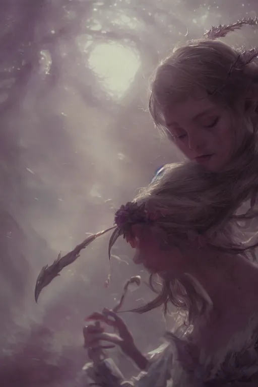 Image similar to A beuatiful portrait of a fairy by Greg Rutkowski, Sung Choi, Mitchell Mohrhauser, Maciej Kuciara, Johnson Ting, Maxim Verehin, Peter Konig, Bloodborne, 8k photorealistic, cinematic lighting, HD, high details, dramatic, dark atmosphere, trending on artstation