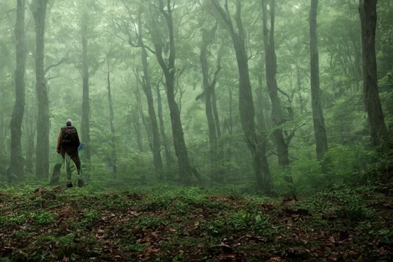 Prompt: a hiker staring at a complex organic fractal 3 d sphere floating in a lush forest, foggy, cinematic shot, photo still from movie by denis villeneuve