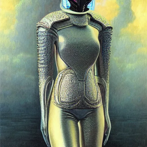 Image similar to portrait of beautiful gothic and futuristic fashion model, space armour, cyber armour, highly detailed, artstation, illustration, composition, 8 k quality, art by jean delville, rene magritte, hyperrealism oil painting