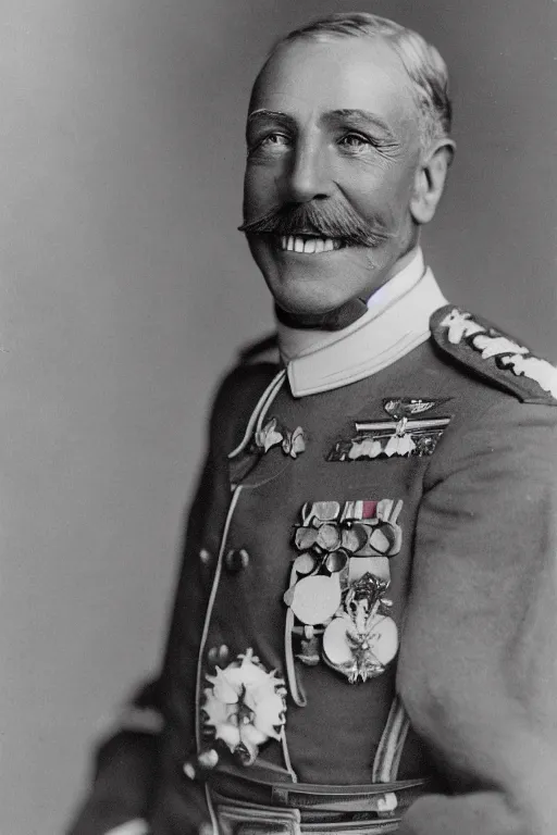 Prompt: official Portrait of a smiling WWI admiral, male, cheerful, happy, detailed face, 20th century, highly detailed, cinematic lighting, photograph, black and white