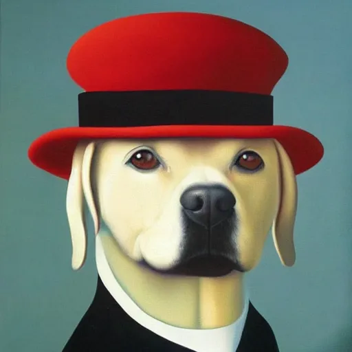 Image similar to a rene magritte painting of a dog wearing a hat, award winning painting, detailed, surreal, symmetrical, clean, smooth, aesthetic