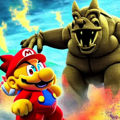 Prompt: Kaiju Bowser roaring into the sky, anime key visual, silent Hill, ruined kingdom, horror, super Mario