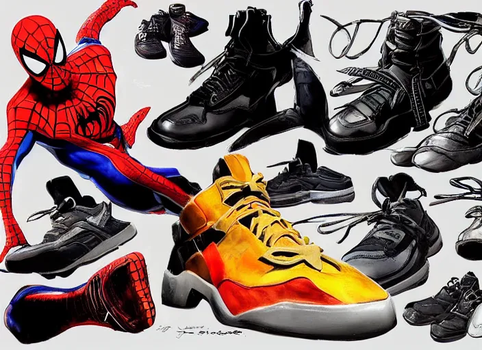 Prompt: sneakers of spider man by yoji shinkawa, concept art, unreal engine, bright colors