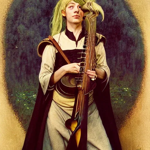 Prompt: half length portrait of billie ellish as a hobbit bard playing the mandolin, d & d, medieval, fantasy, giger, royo, klimt, miro, vallejo, frazetta, alphonse mucha, greg rutkowski, whealan