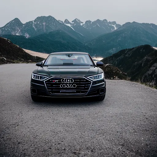 Image similar to a black 2020 audi a8 climbing a mountain in the morning, car photography, 4k professional photo