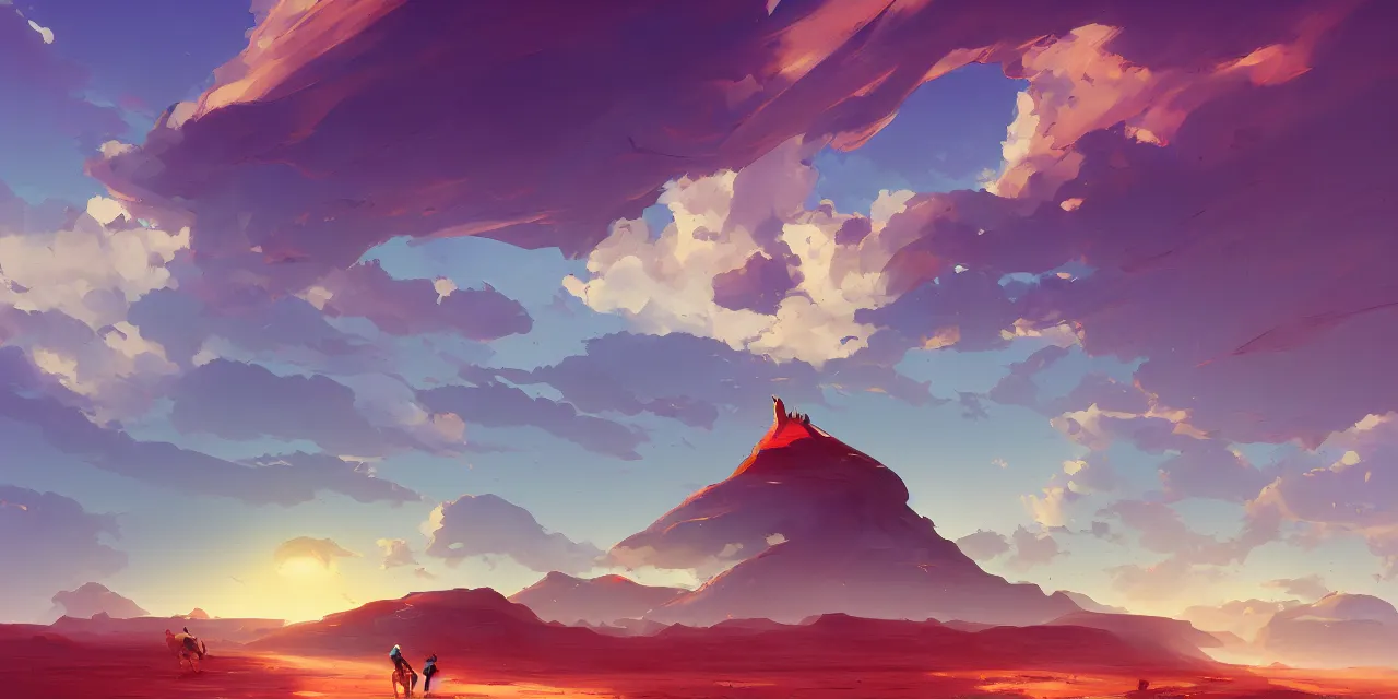 Image similar to blue desert, organic tower in the distance, green sky with a red sun, official fanart behance hd artstation by jesper ejsing, by rhads, makoto shinkai and lois van baarle, ilya kuvshinov, ossdraws