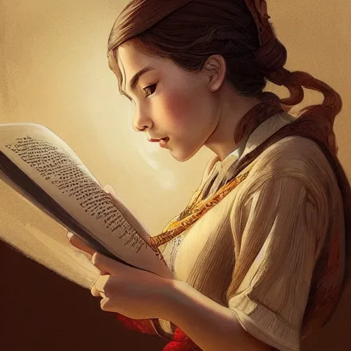 Image similar to village girl reading a book, cinematic, intricate, elegant, highly detailed, digital painting, artstation, concept art, smooth, sharp, focus, illustration, art by artgerm and Johfra Bosschart