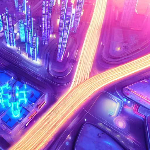 Prompt: A futuristic city, neon lights and flying cars, birds-eye view, pastel colours, 8k octane render, extremely detailed.