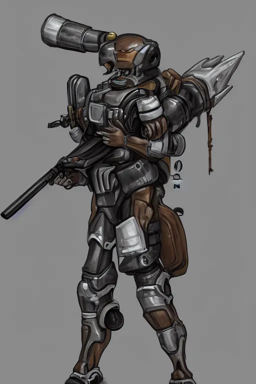 Image similar to fox soldier in a mech armor holding a bazooka, character design, concept art, extremely detailed, trending on artstation