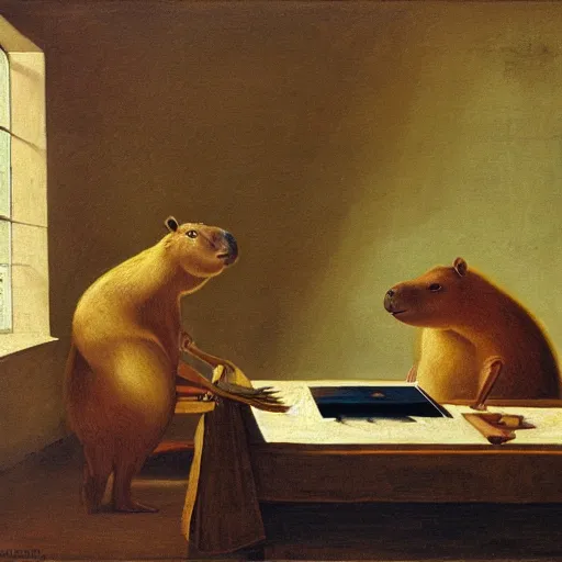 Image similar to a capybara hacking into a website, oil painting, 1 8 th century