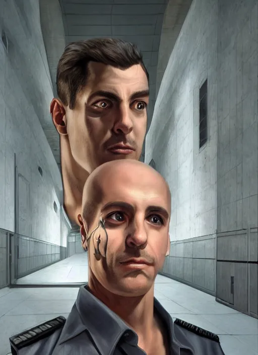 Prompt: portrait of a handsome hunky security guart in a futuristic prison. art by denys tsiperko and dan dos santos. detailed, hyperrealism, 8 k resolution