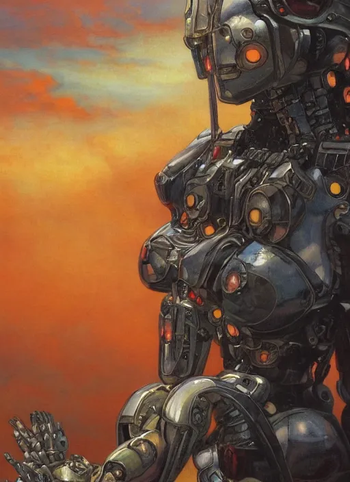 Image similar to biblical shy beautiful female mecha mage android robot casting spells, heavy eyes to the side, closeup, bright glowing veins, in clouds, sunset, portrait, by gerald brom, by mikhail vrubel, by peter elson, muted colors, extreme detail, reflections, trending on artstation, 8 k