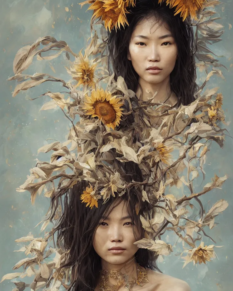 Image similar to a professional portrait of the Sunflower Goddess, tribal and wild Chinese woman, olive skin, beautiful bone structure, symmetrical facial features, intricate, elegant, digital painting, concept art, smooth, sharp focus, illustration, art style by Ruan Jia and Mandy Jurgens and Artgerm and William-Adolphe Bouguerea