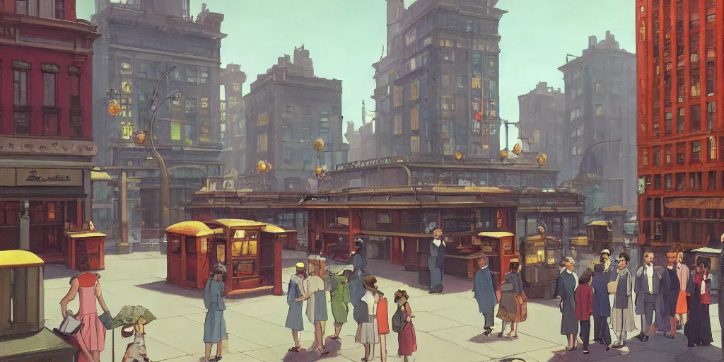 Image similar to A radiant atomic generator building lights up a city square, dieselpunk, by Studio Ghibli and Edward Hopper