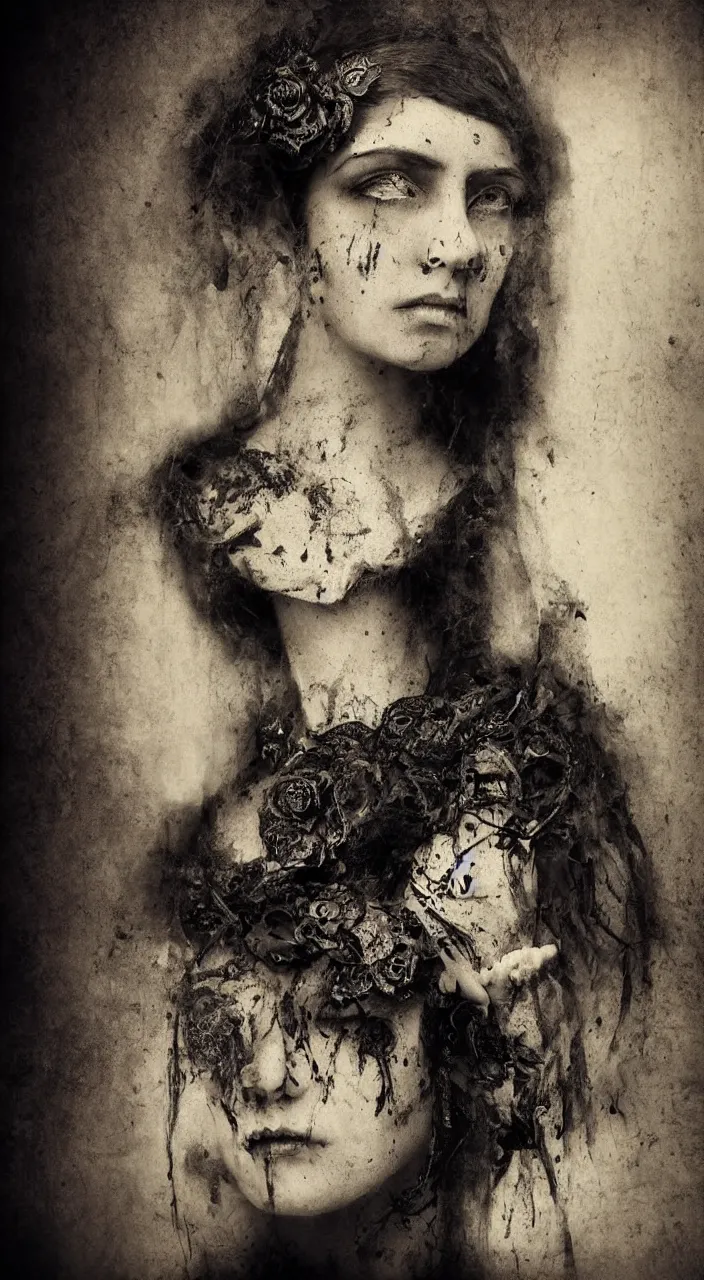 Prompt: Victorian female portrait, moody, dark, dramatic, steampunk, decaying face, necrosis