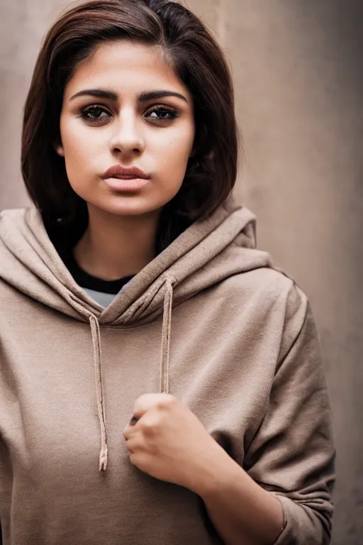 Image similar to short brown hair Arab Spanish shy beautiful young woman in a beige hoodie, Diwani calligrapher using bamboo pen, cinematic lighting, realistic, rule of thirds, photograph