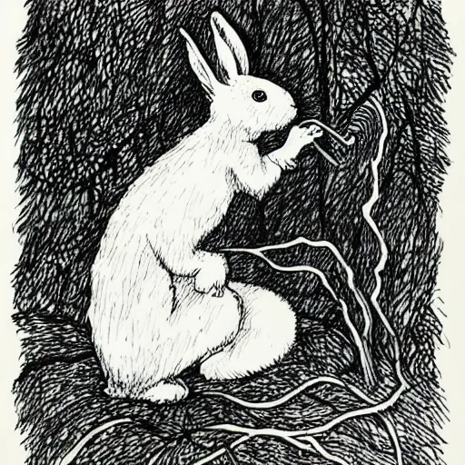 Image similar to drawing of a white bunny smoking a big cigarette in the deep tangled forest, by edward gorey, by gustav dore, black ink on white paper