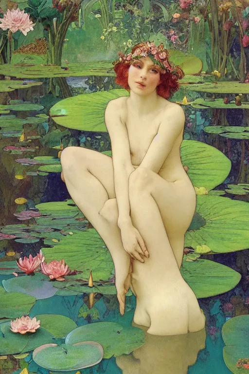 Image similar to a beautiful dressed faerie in a waterlily pond, detailed, rainbowshift, by maxfield parrish, alphonse mucha, brian froud