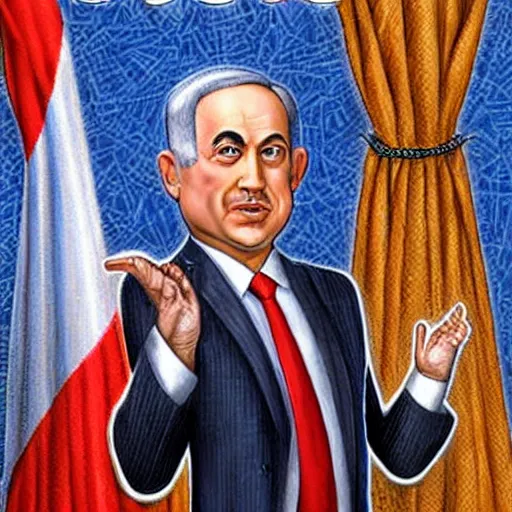 Image similar to benjamin netanyahu's dream conundrum, highly detalied, by michael cheval