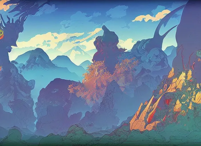 Image similar to psychedelic art of a prehistoric landscape with dinosaurs and volcanoes, detailed, cel shaded, by makoto shinkai and moebius and anton fadeev and james gurney