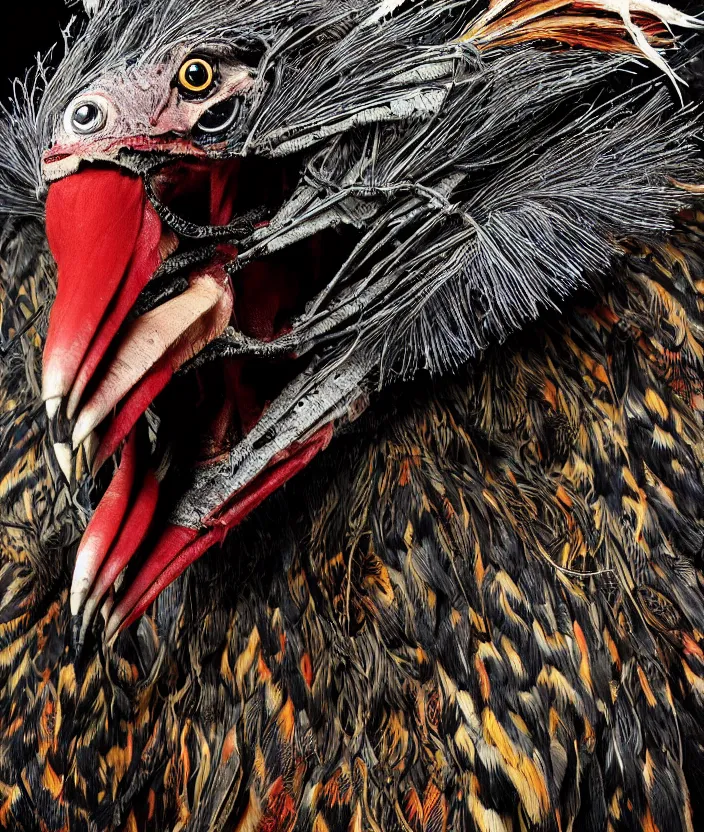 Prompt: a high resolution realistic portrait of an ork creature made of doglike class aves computer parts merged tree roots, strangled by electronic wires bower bird creature wrinkles pheasant, complex feathers exotic morphing hoopoe, zebra morphing wings king vulture head