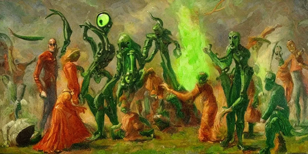 Prompt: tall terrifying green futuristic aliens sitting in a circle. in the victorian era. in the style of an impressionist painting.