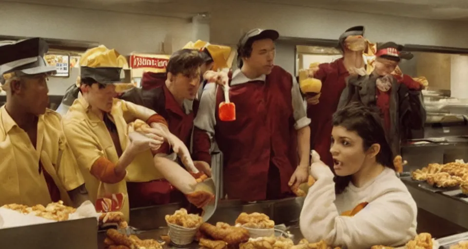 Image similar to film still of a movie about McDonalds workers finding treasure