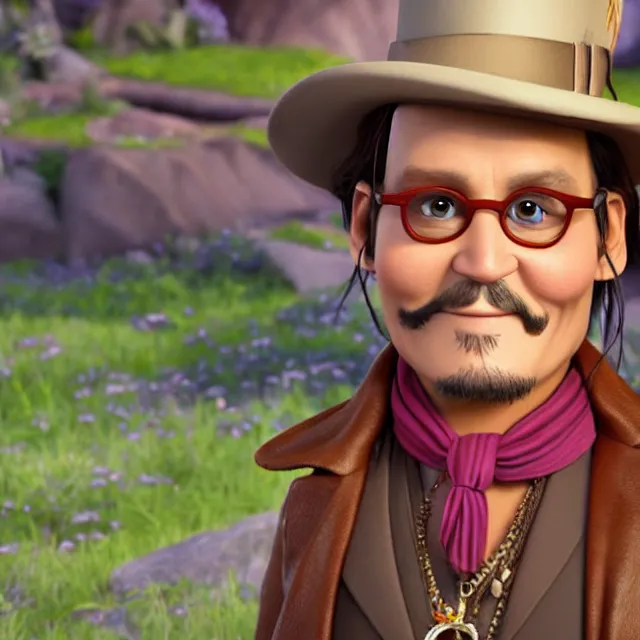 Prompt: johnny depp as a pixar disney character from up 2 0 0 9 unreal engine octane render 3 d render photorealistic