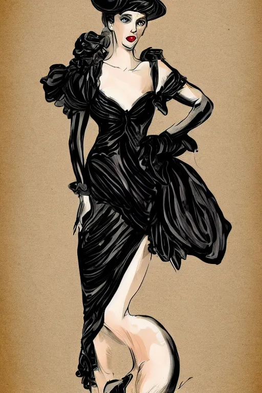 Image similar to Pretty victorian woman in a black shiny dress, fullbody portrait, character concept art