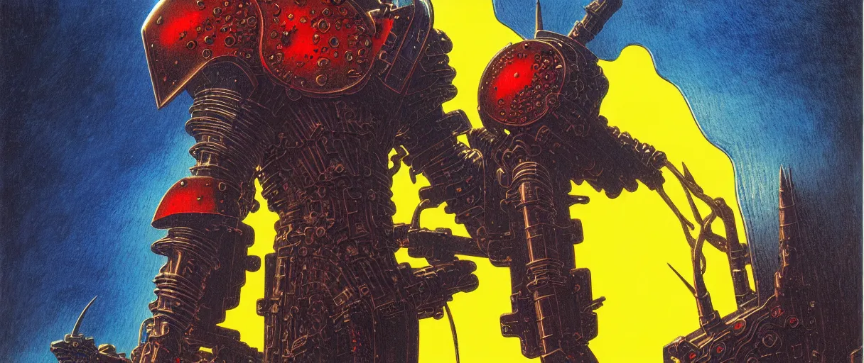 Prompt: composition of gothic and futuristic, warhammer, cyber armor, more and more scars, thunderstorm, blue head, some red and yellow, the middle ages, highly detailed, artstation, in the style of moebius, jugendstil and classic japanese print, painting by peter mohbacher, gerald brom, composition by rene magritte, jean delville