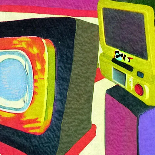 Prompt: array of crt televisions made out of fur, tv static, blob, antenna, stacked, polaroid, steroids, adult video store, impressionist painting, painting, acrylic painting, cell shaded