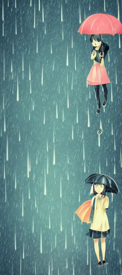 Image similar to beautiful drawing style, girl holding umbrella, contrast, visible rain, vaporware cartoon japan background, kawaii rainy gloomy, rainy night