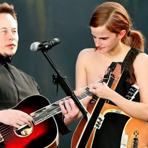 Image similar to elon musk & emma watson performing at woodstock