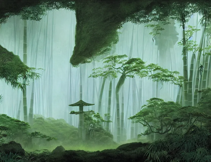 Prompt: a cinematic widescreen photo of ancient japanese temples in a misty bamboo cloud forest on a mountain by studio ghibli by roger dean, photorealistic, 7 0 mm, concept art