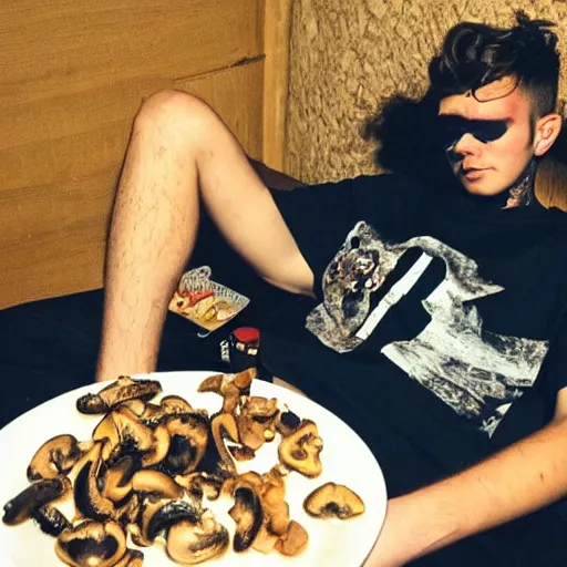 Image similar to a lonely eboy enjoying mushrooms on a psychodelic night