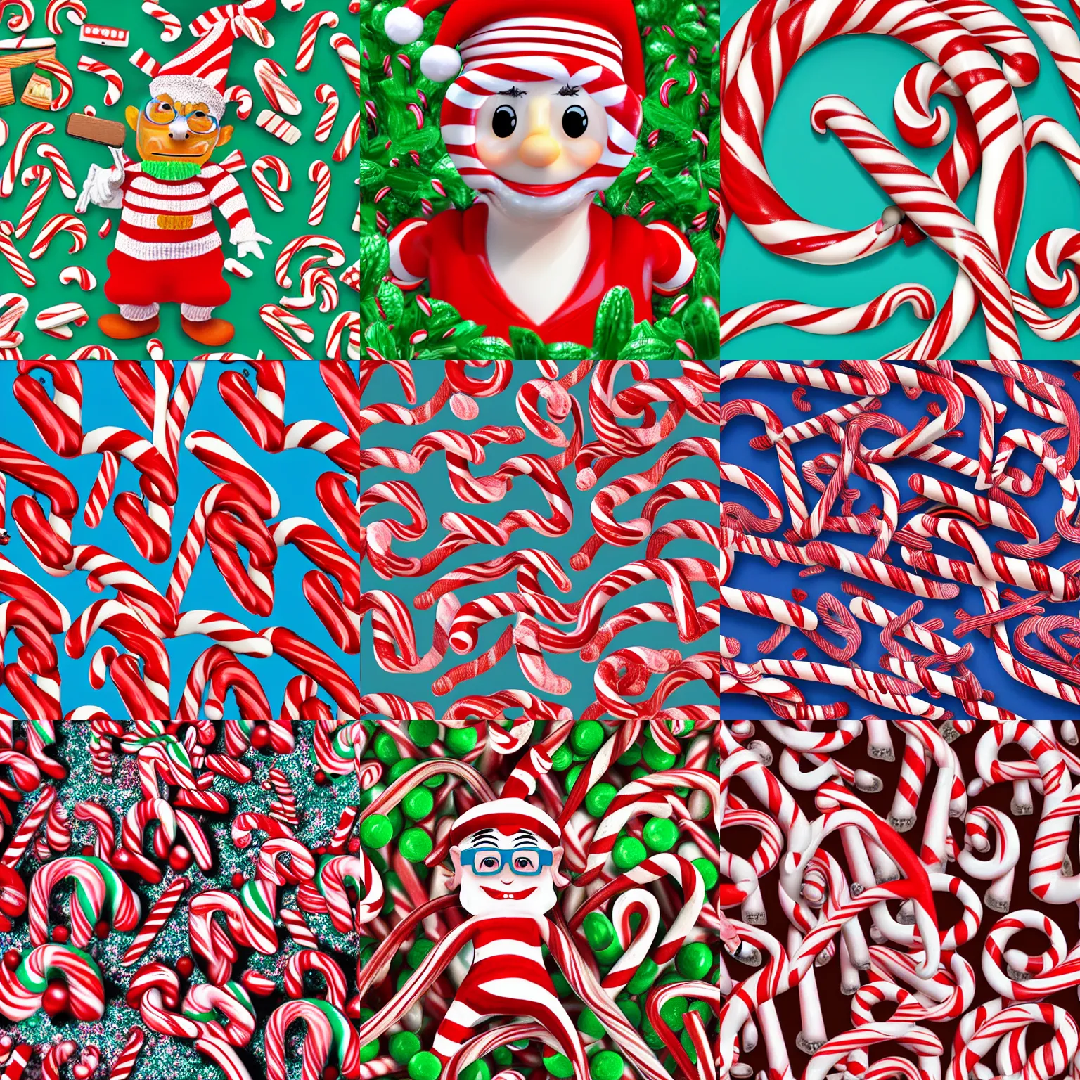 Prompt: Waldo from Where's Waldo hiding in a field of peppermint candy canes, advanced digital art, intricate details, 8k