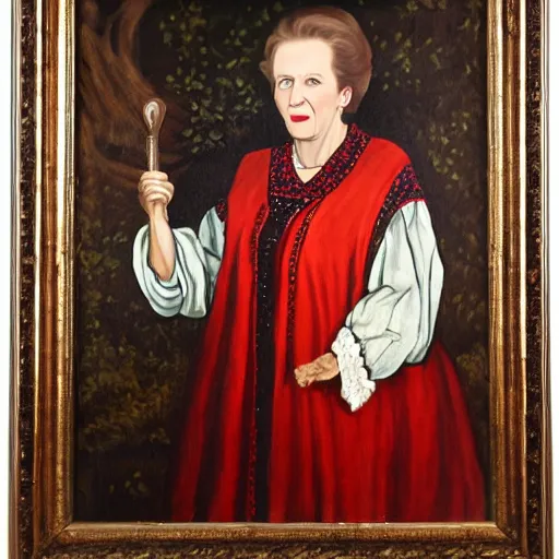 Image similar to margaret thatcher as a 1 2 th century peasant in england, painting, oil on canvas, restored, art, detailed