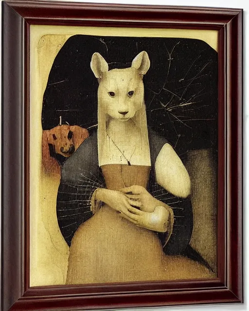 Image similar to Lady with an Ermine by Leonardo painting by Hieronymus Bosch