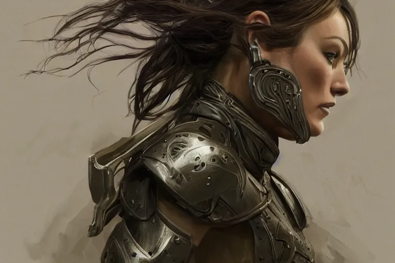 Image similar to a finely detailed portrait of Olivia Wilde, clothed in battle armor, olive skin, long dark hair, beautiful bone structure, symmetrical facial features, intricate, elegant, digital painting, trending on Artstation, concept art, smooth, sharp focus, illustration, from Metal Gear by Ruan Jia and Mandy Jurgens and Artgerm and Greg Rutkowski and william-adolphe bouguerea, award winning