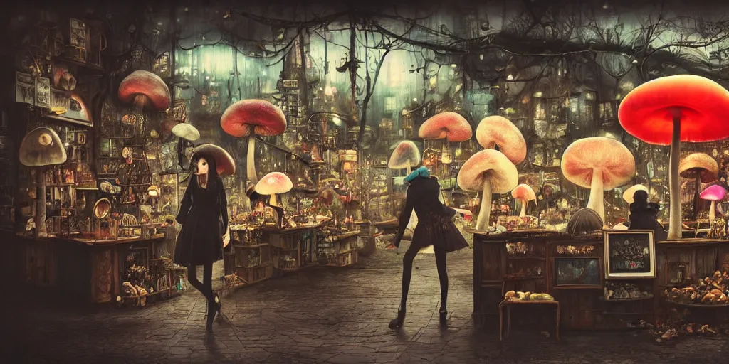 Image similar to a lively and whimsical dark fungal pawn shop, white haired skesis girls, cinematic framing, wide angle, rain lit, kawaii shop grows out from the stalk of a giant mushroom, cgsociety, siggraph, dystopian scifi, set design, oleg oprisco, conrad roset, anka zhuravleva, gediminas pranckevicius, cornell, kawasaki