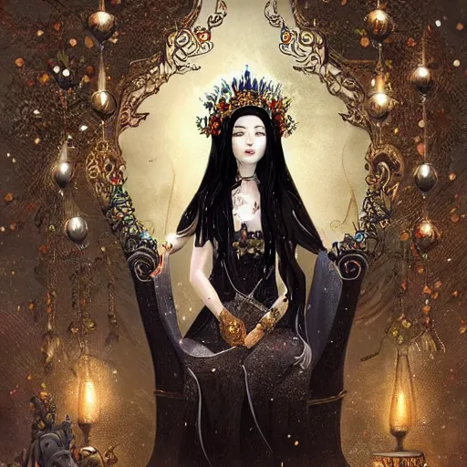 Image similar to a beautiful black haired woman with pale skin and a crown on her head sitted on an intricate metal throne, flower decoration on the background, beautiful illustration, atmosphere, top lighting, perfect composition, smooth, highly detailed, art by so - bin and yuhong ding and chengwei pan,