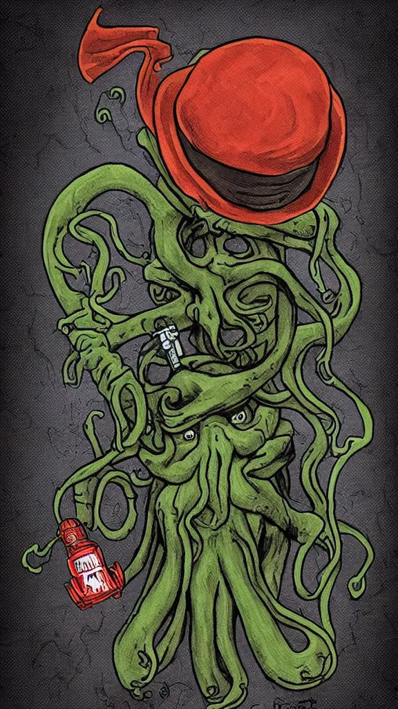 Prompt: Cthulhu wearing a Sherlock Holmes's hat and holding a lightsaber