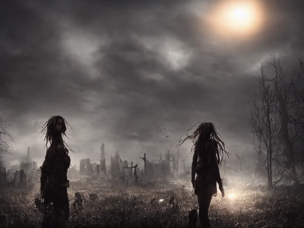 Image similar to The girl and the sun, ghouls swarming in the background, low angle, dark and mysterious, stopped in time, atmospheric, ominous, eerie, cinematic, Epic, 8k, 4k, ultra detail, ultra realistic, rendered by awesomeness